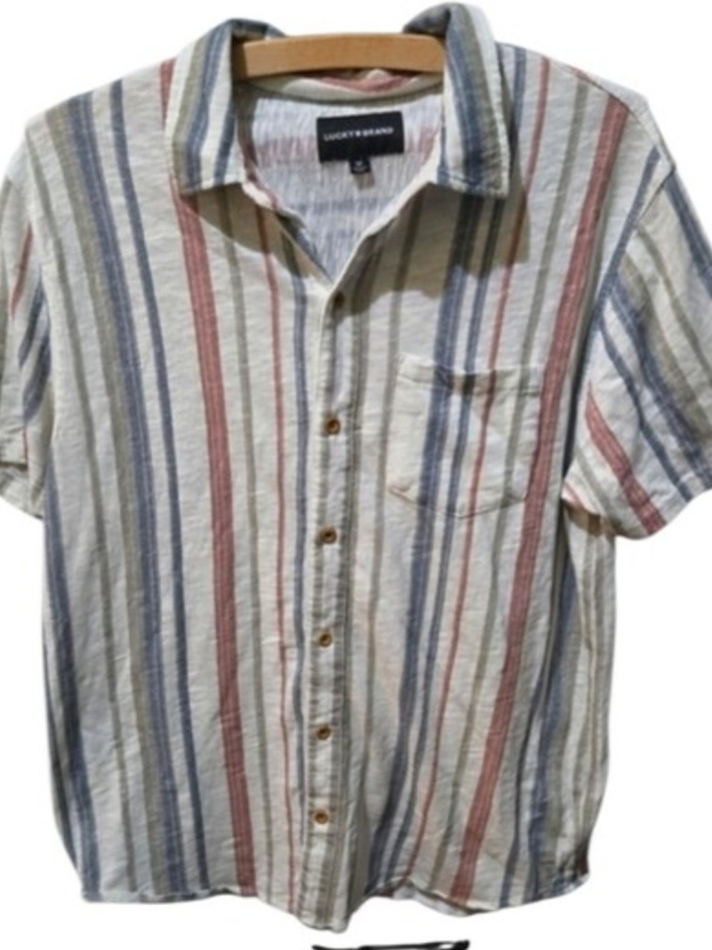 Lucky Brand Men’s Medium Striped Short Sleeve Button Up Shirt Blue Red Cream